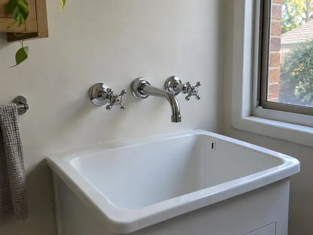 Wall-mounted chrome taps over a white laundry tub beside a window in a tiled room in Wollstonecraft